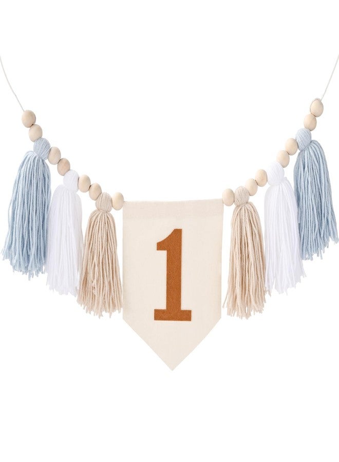 Aufee 1st Birthday High Chair Banner Decorations Boy, One Blue Boho Wood Bead Tassel Garland Chair Decor Wall Hanging Banner for Baby First Birthday Party, Baby Shower Essentials for Party Supplies - Image 1